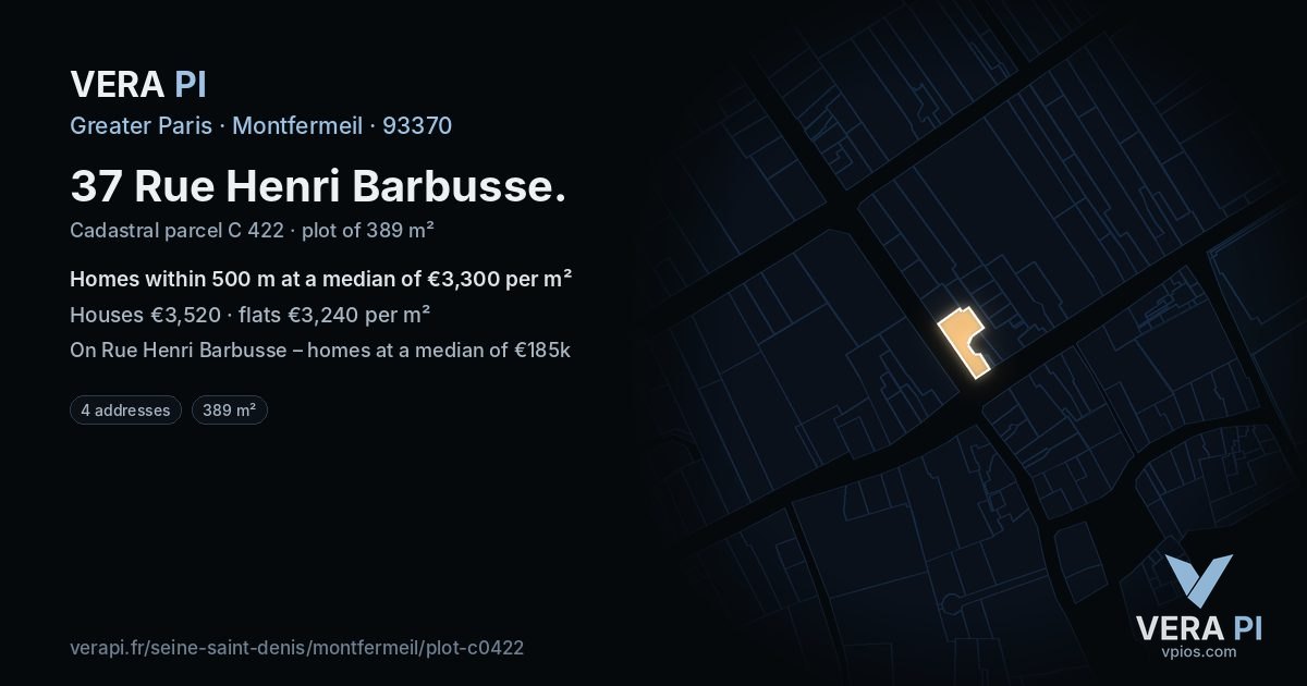 37 Rue Henri Barbusse, Montfermeil at night – the plot lit, the parcels around coloured by the prices near them