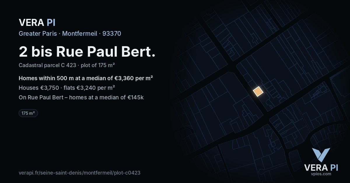 2 bis Rue Paul Bert, Montfermeil at night – the plot lit, the parcels around coloured by the prices near them