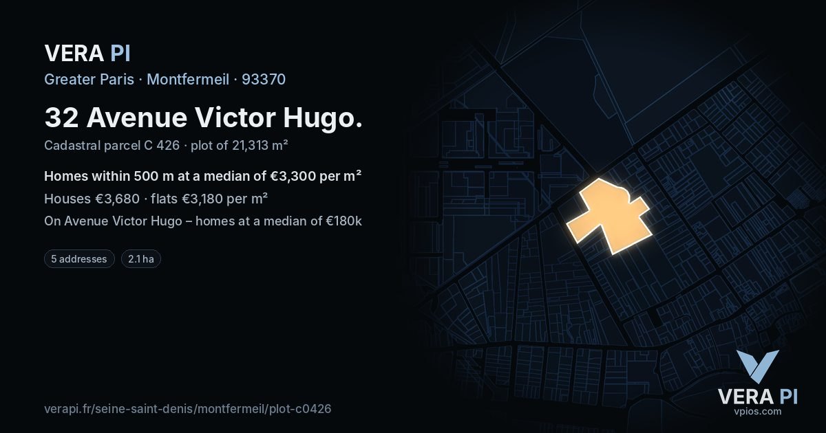 32 Avenue Victor Hugo, Montfermeil at night – the plot lit, the parcels around coloured by the prices near them