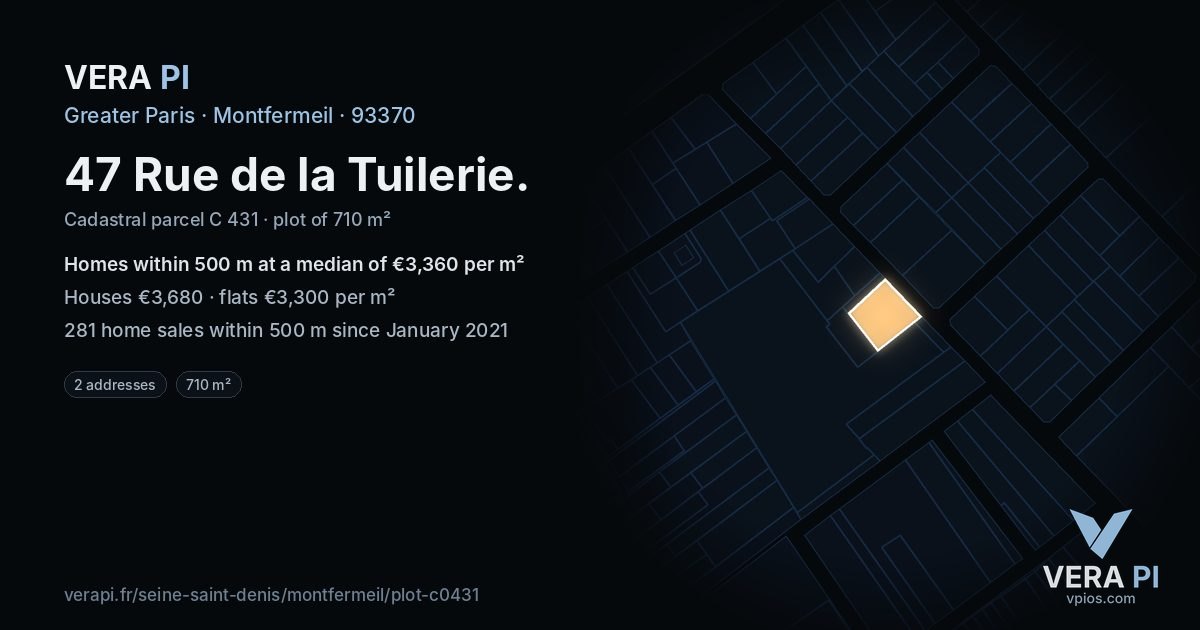 47 Rue de la Tuilerie, Montfermeil at night – the plot lit, the parcels around coloured by the prices near them