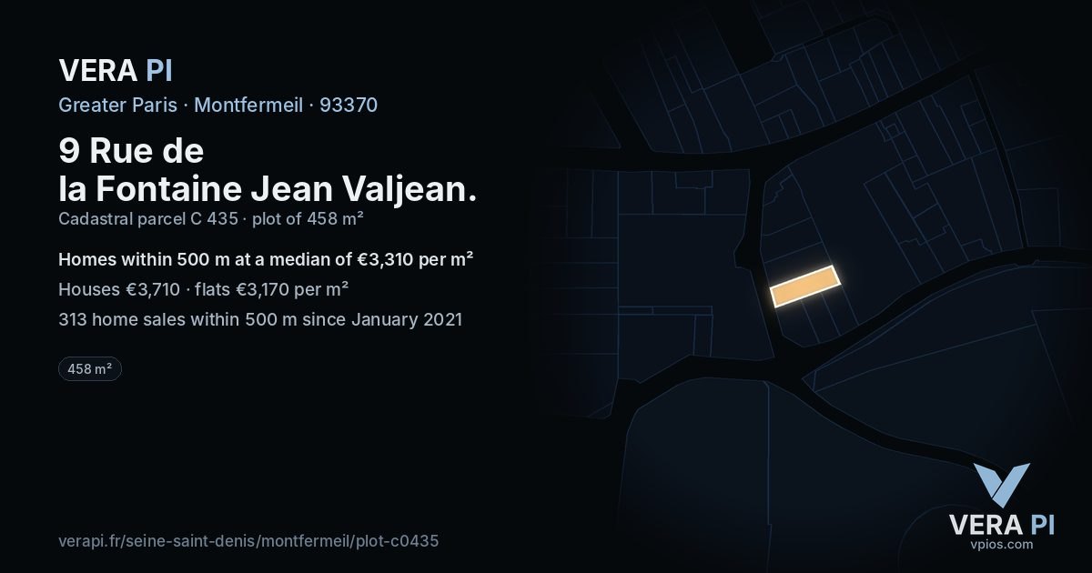 9 Rue de la Fontaine Jean Valjean, Montfermeil at night – the plot lit, the parcels around coloured by the prices near them