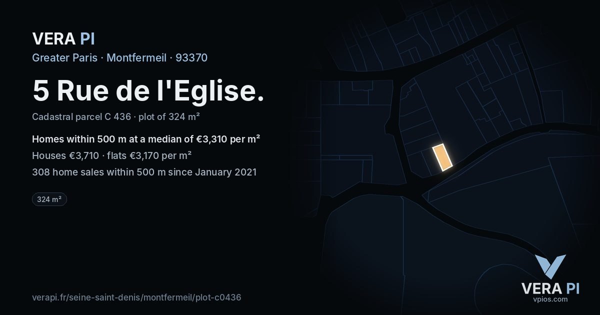 5 Rue de l'Eglise, Montfermeil at night – the plot lit, the parcels around coloured by the prices near them