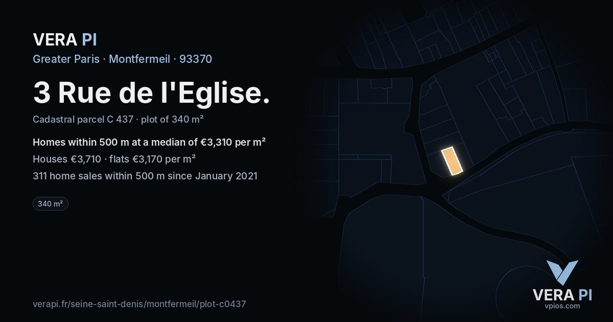 3 Rue de l'Eglise, Montfermeil at night – the plot lit, the parcels around coloured by the prices near them