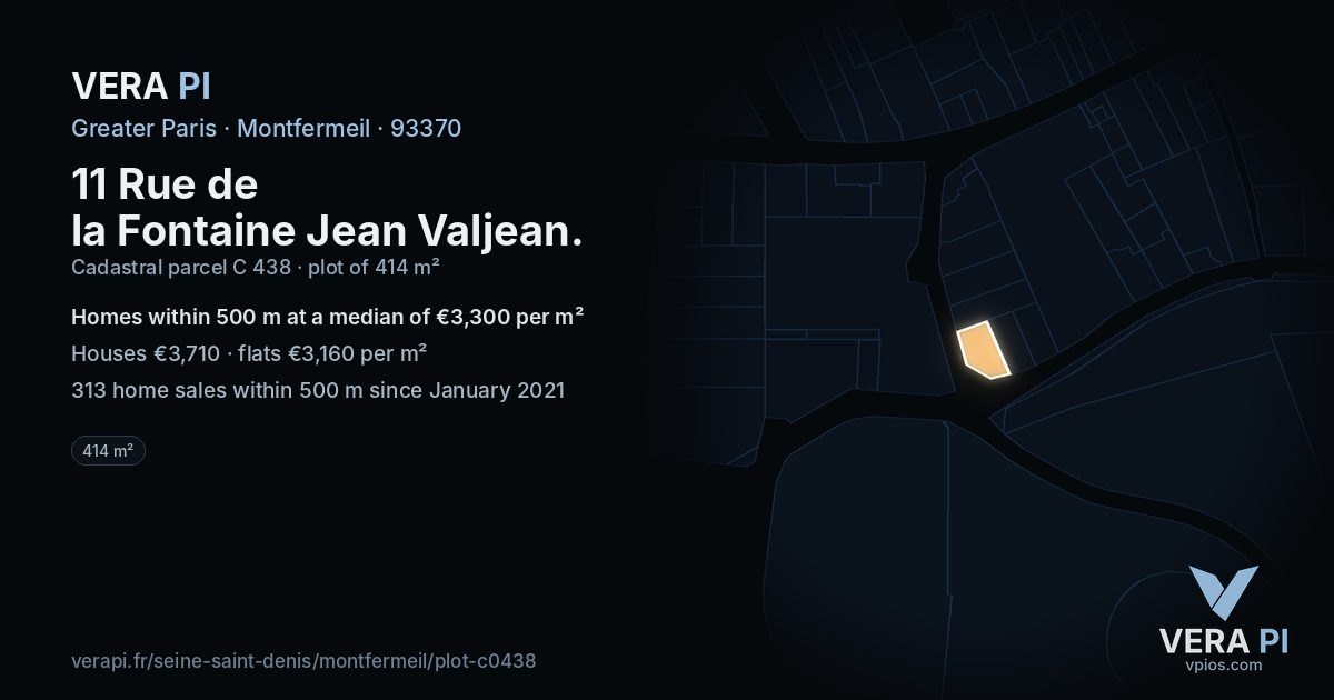 11 Rue de la Fontaine Jean Valjean, Montfermeil at night – the plot lit, the parcels around coloured by the prices near them