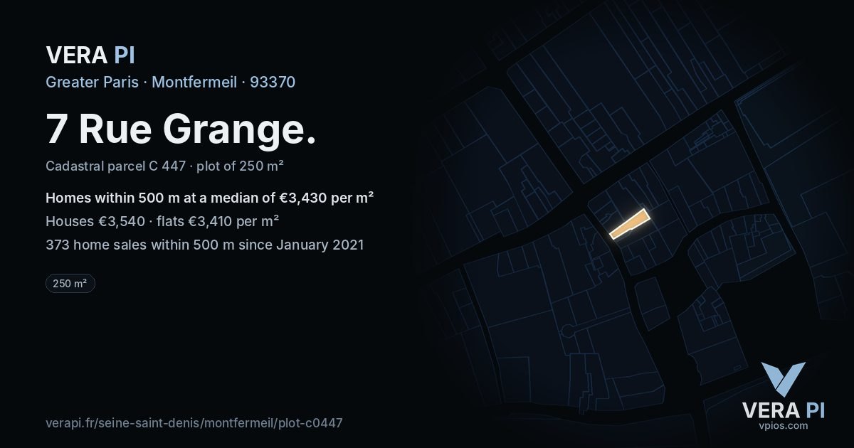 7 Rue Grange, Montfermeil at night – the plot lit, the parcels around coloured by the prices near them