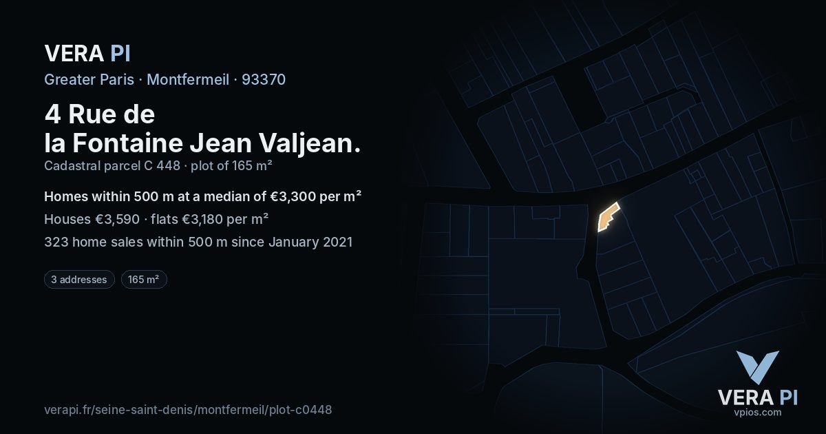 4 Rue de la Fontaine Jean Valjean, Montfermeil at night – the plot lit, the parcels around coloured by the prices near them