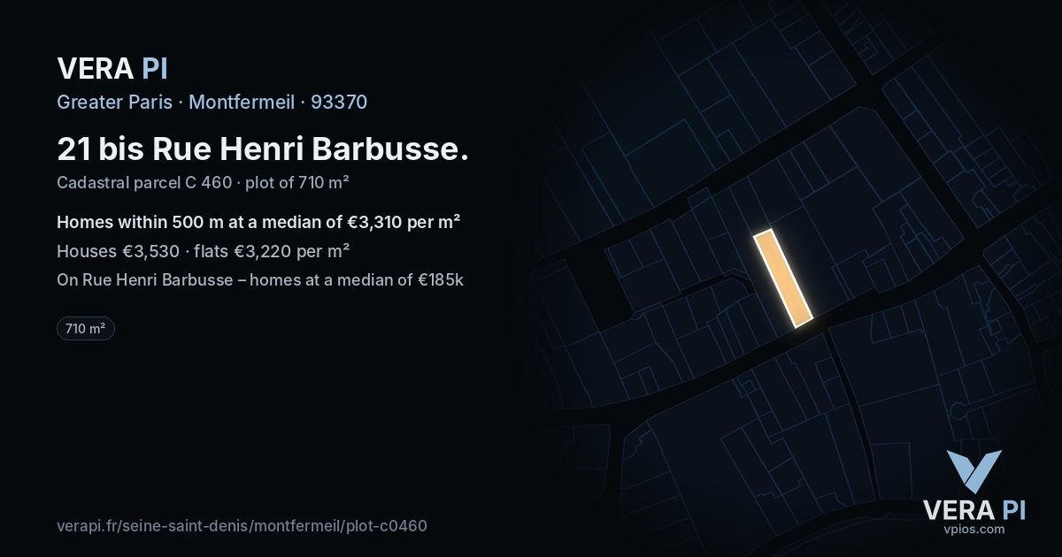 21 bis Rue Henri Barbusse, Montfermeil at night – the plot lit, the parcels around coloured by the prices near them