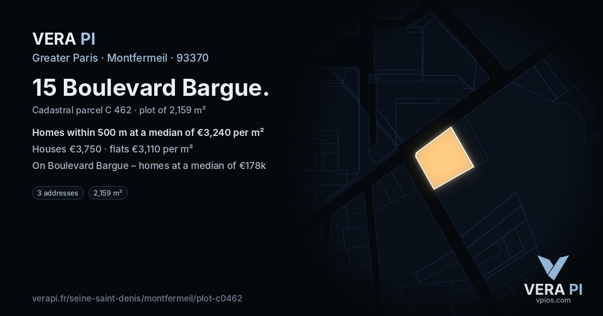 15 Boulevard Bargue, Montfermeil at night – the plot lit, the parcels around coloured by the prices near them