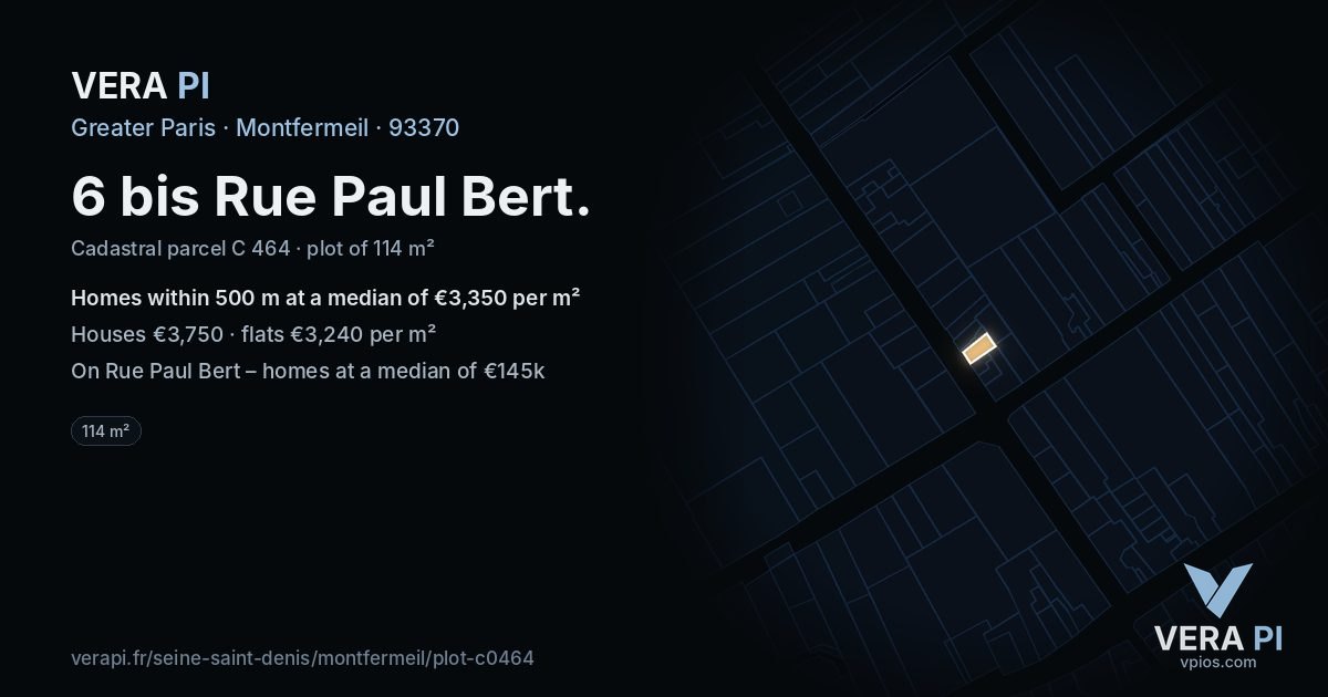 6 bis Rue Paul Bert, Montfermeil at night – the plot lit, the parcels around coloured by the prices near them