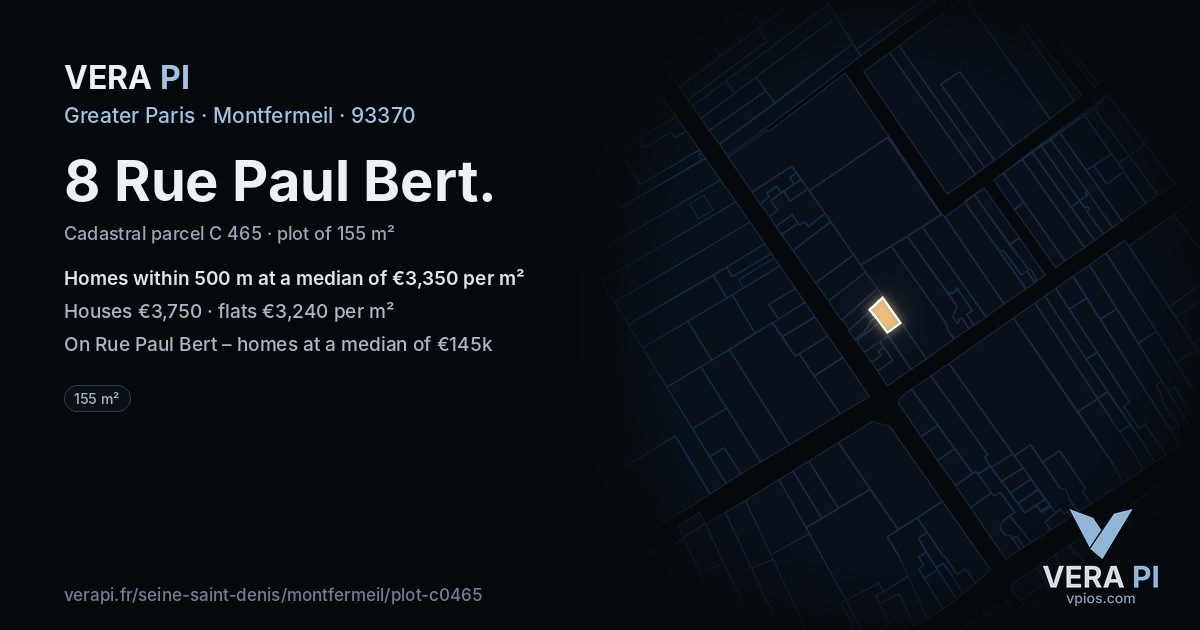 8 Rue Paul Bert, Montfermeil at night – the plot lit, the parcels around coloured by the prices near them