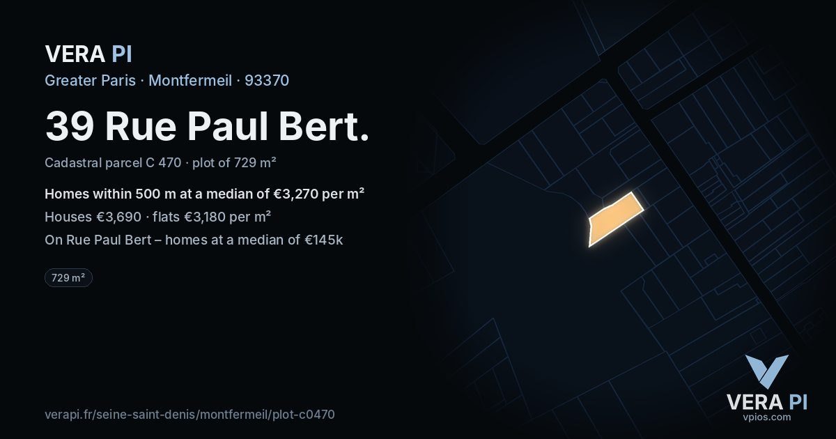 39 Rue Paul Bert, Montfermeil at night – the plot lit, the parcels around coloured by the prices near them