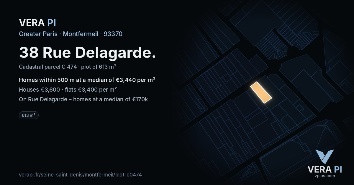 38 Rue Delagarde, Montfermeil at night – the plot lit, the parcels around coloured by the prices near them