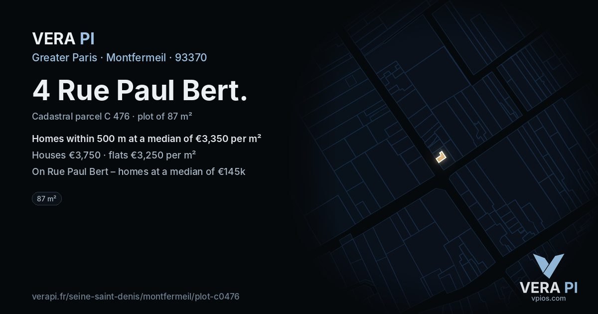 4 Rue Paul Bert, Montfermeil at night – the plot lit, the parcels around coloured by the prices near them