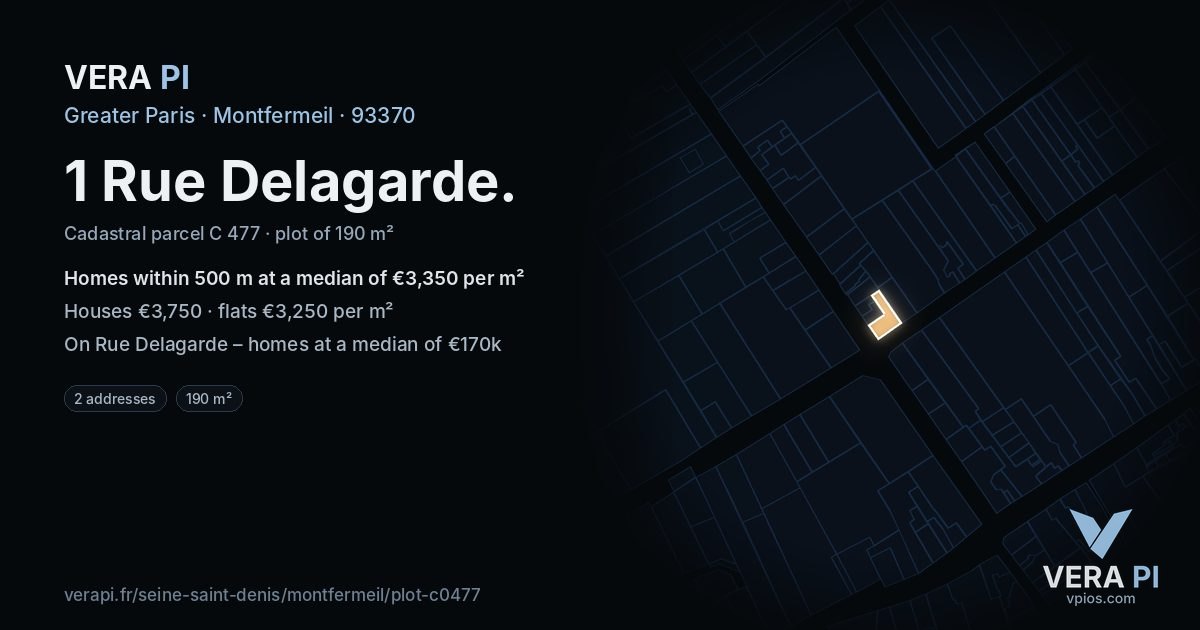1 Rue Delagarde, Montfermeil at night – the plot lit, the parcels around coloured by the prices near them