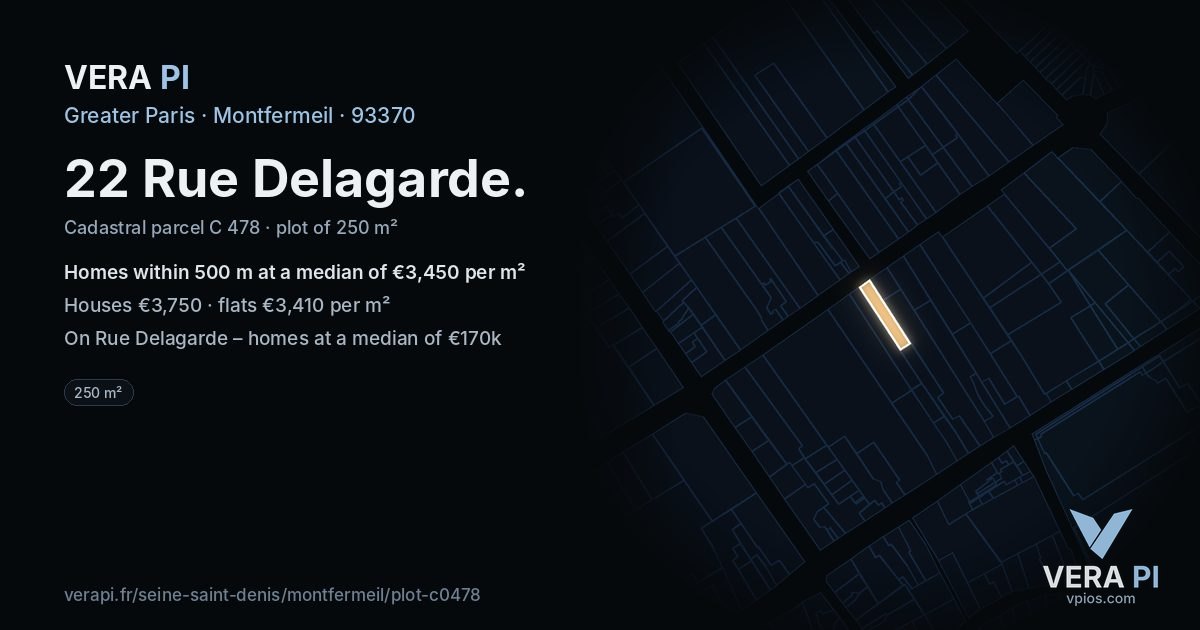 22 Rue Delagarde, Montfermeil at night – the plot lit, the parcels around coloured by the prices near them