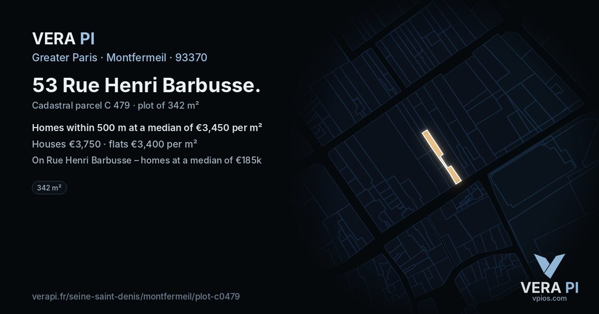 53 Rue Henri Barbusse, Montfermeil at night – the plot lit, the parcels around coloured by the prices near them