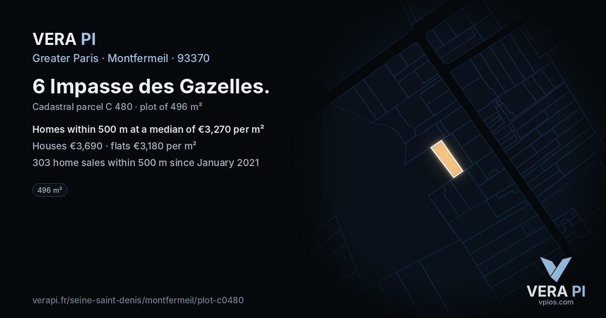 6 Impasse des Gazelles, Montfermeil at night – the plot lit, the parcels around coloured by the prices near them