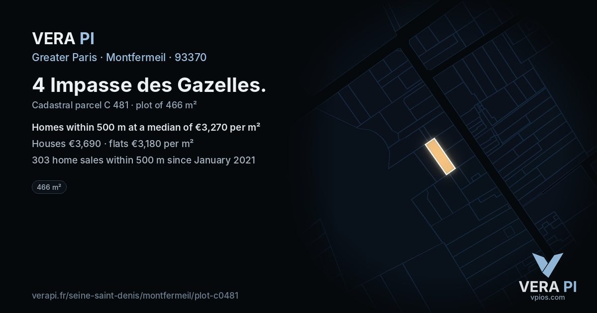 4 Impasse des Gazelles, Montfermeil at night – the plot lit, the parcels around coloured by the prices near them