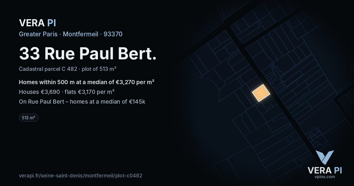 33 Rue Paul Bert, Montfermeil at night – the plot lit, the parcels around coloured by the prices near them