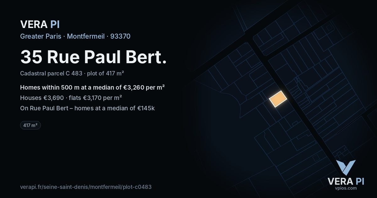 35 Rue Paul Bert, Montfermeil at night – the plot lit, the parcels around coloured by the prices near them