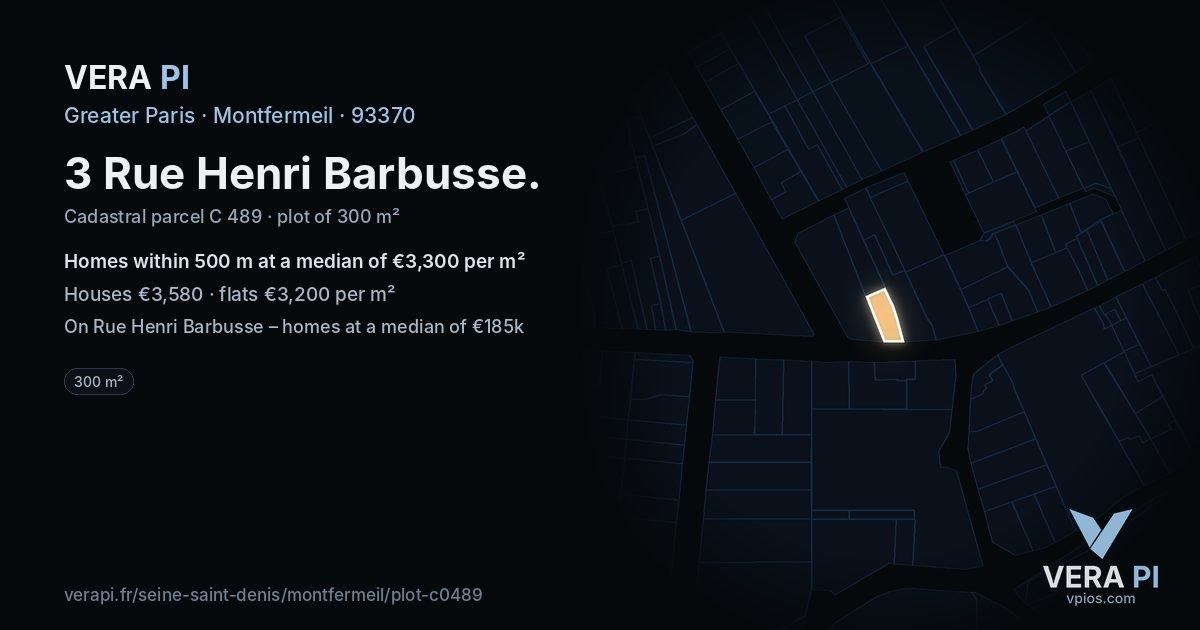 3 Rue Henri Barbusse, Montfermeil at night – the plot lit, the parcels around coloured by the prices near them
