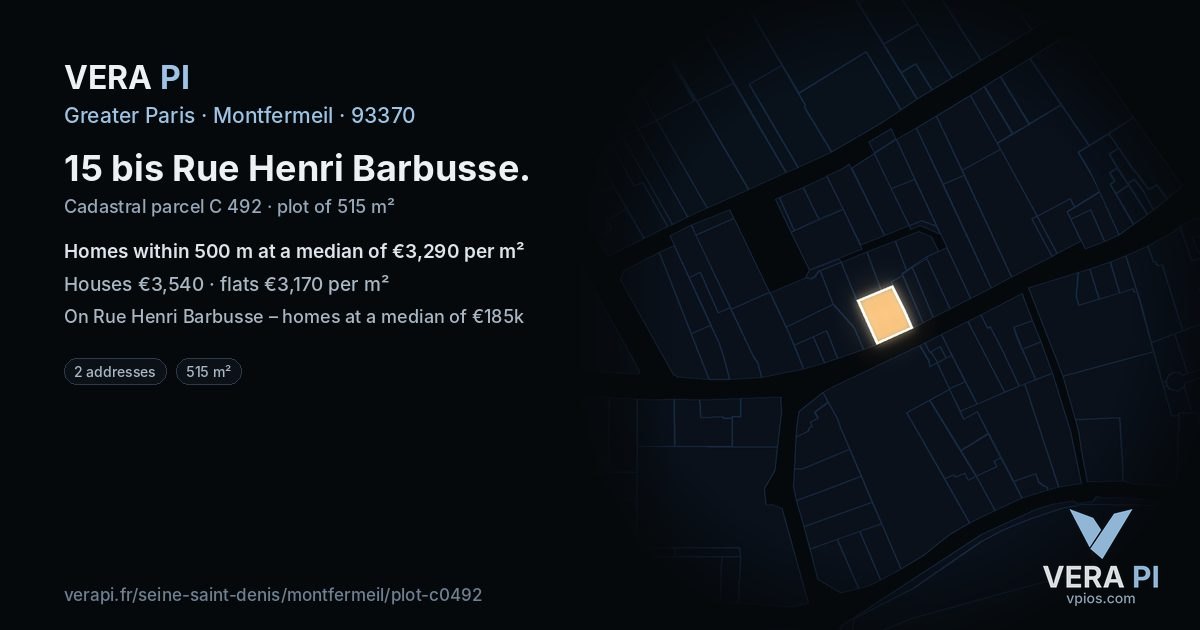 15 bis Rue Henri Barbusse, Montfermeil at night – the plot lit, the parcels around coloured by the prices near them