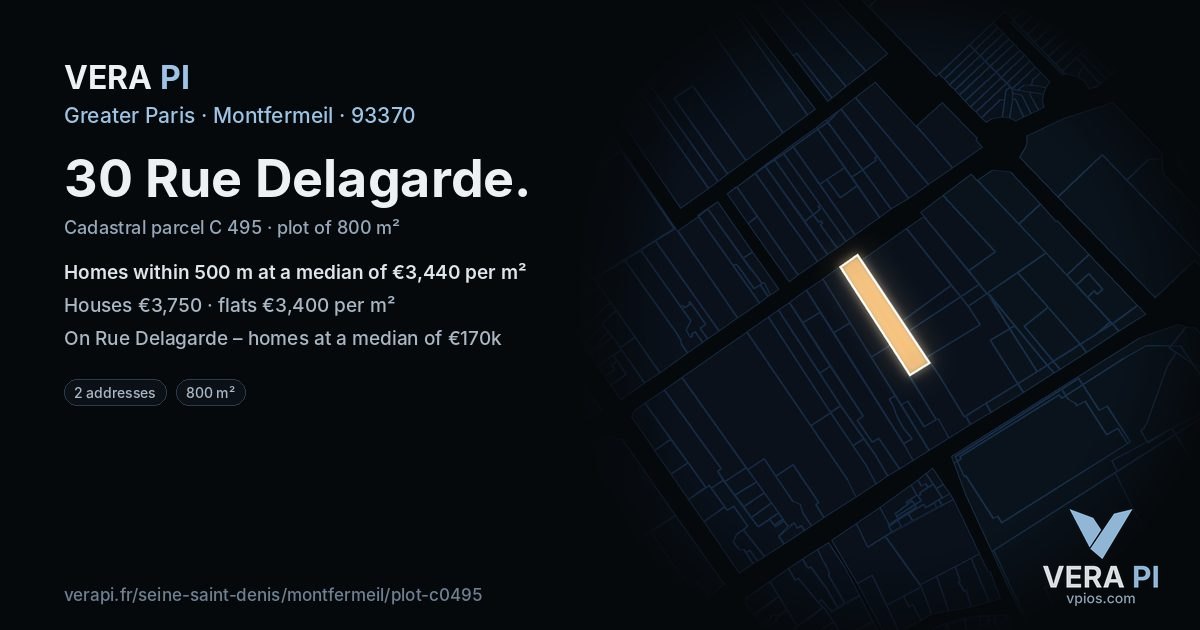 30 Rue Delagarde, Montfermeil at night – the plot lit, the parcels around coloured by the prices near them