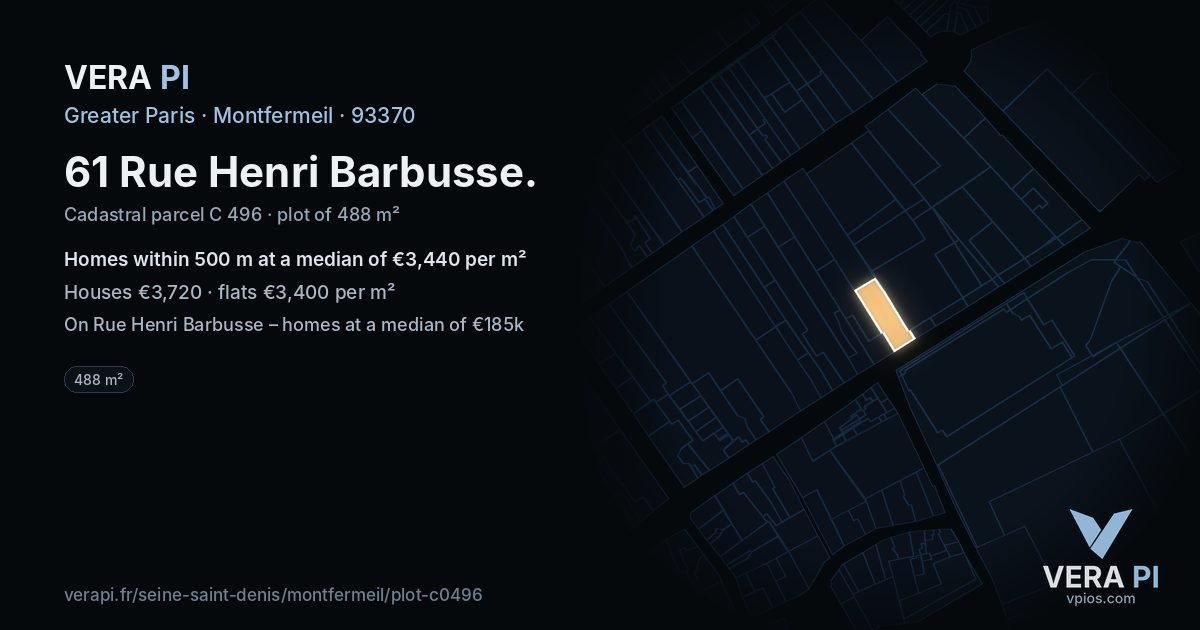 61 Rue Henri Barbusse, Montfermeil at night – the plot lit, the parcels around coloured by the prices near them