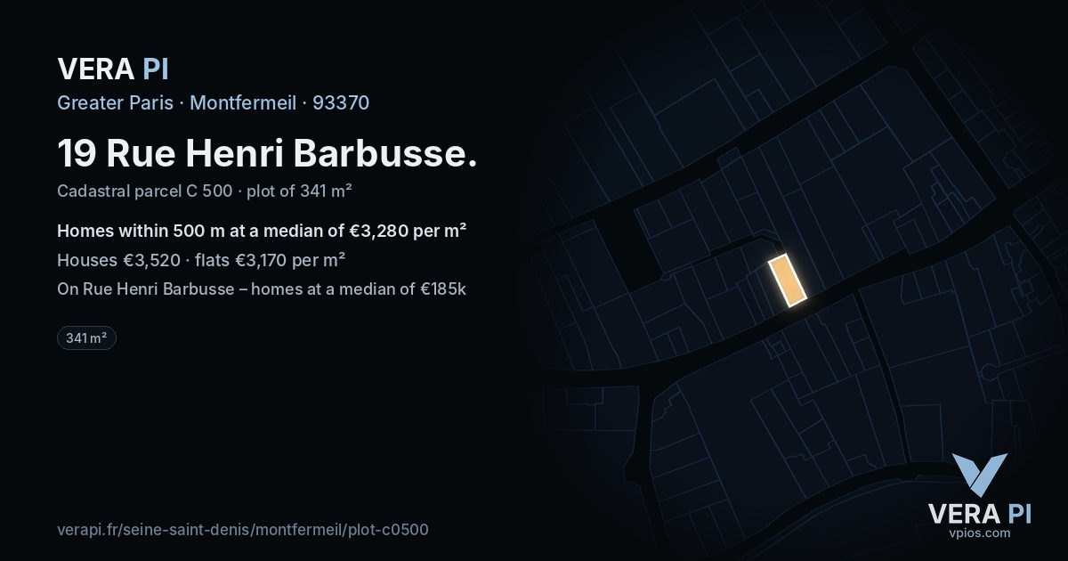 19 Rue Henri Barbusse, Montfermeil at night – the plot lit, the parcels around coloured by the prices near them