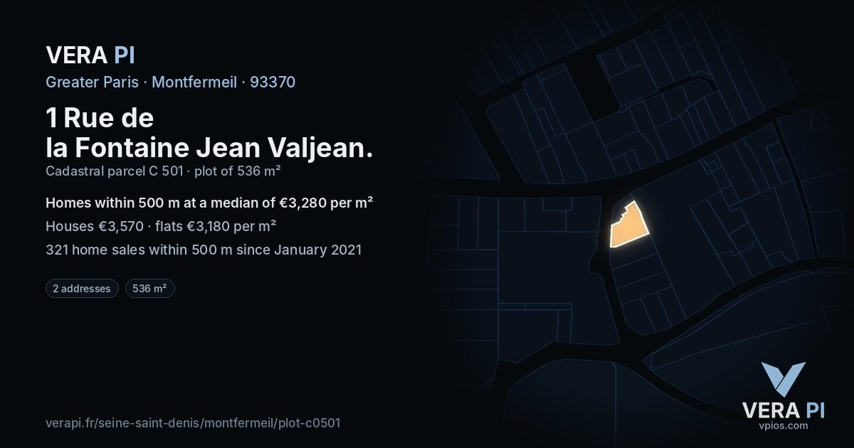 1 Rue de la Fontaine Jean Valjean, Montfermeil at night – the plot lit, the parcels around coloured by the prices near them