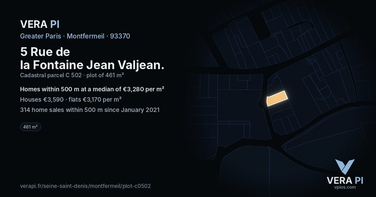 5 Rue de la Fontaine Jean Valjean, Montfermeil at night – the plot lit, the parcels around coloured by the prices near them