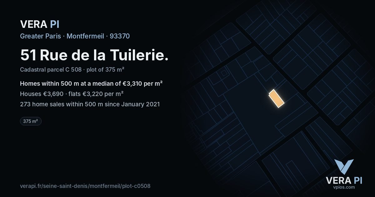 51 Rue de la Tuilerie, Montfermeil at night – the plot lit, the parcels around coloured by the prices near them