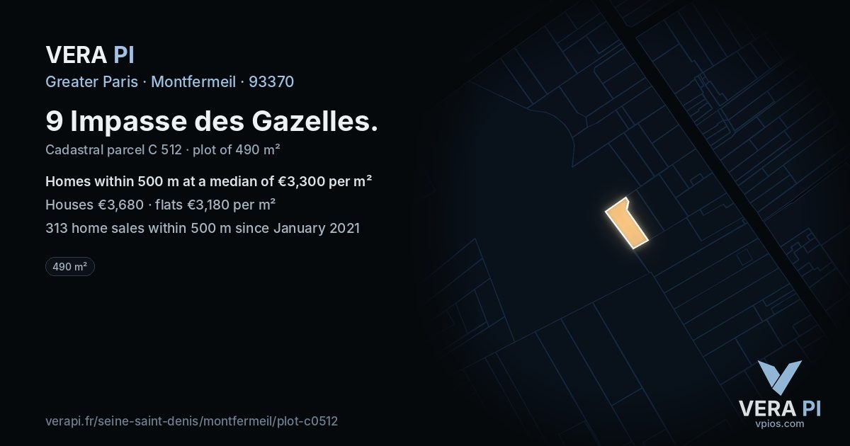 9 Impasse des Gazelles, Montfermeil at night – the plot lit, the parcels around coloured by the prices near them