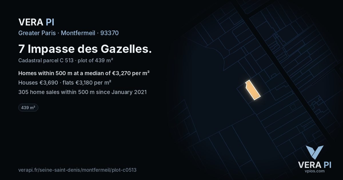 7 Impasse des Gazelles, Montfermeil at night – the plot lit, the parcels around coloured by the prices near them