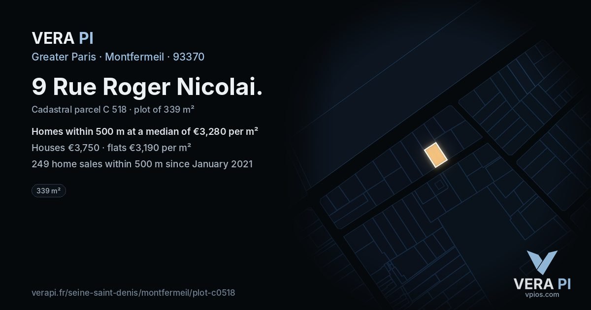 9 Rue Roger Nicolai, Montfermeil at night – the plot lit, the parcels around coloured by the prices near them