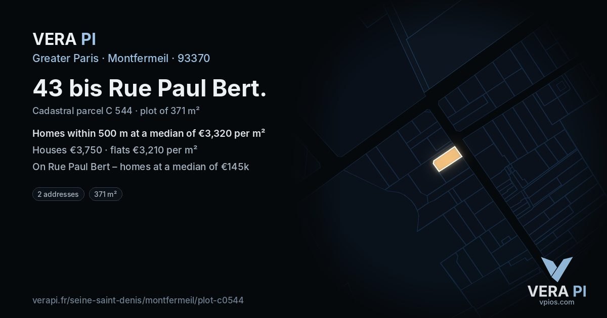 43 bis Rue Paul Bert, Montfermeil at night – the plot lit, the parcels around coloured by the prices near them