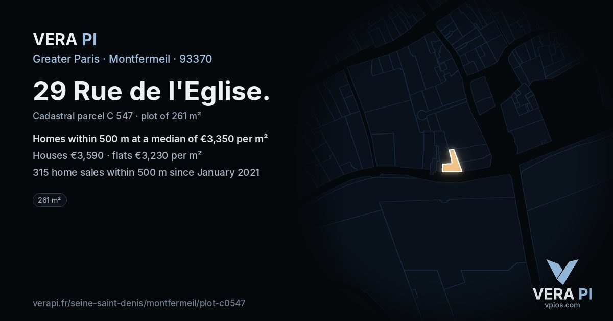 29 Rue de l'Eglise, Montfermeil at night – the plot lit, the parcels around coloured by the prices near them