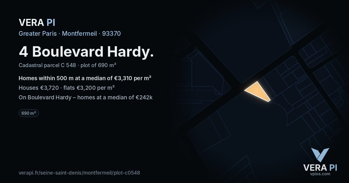4 Boulevard Hardy, Montfermeil at night – the plot lit, the parcels around coloured by the prices near them