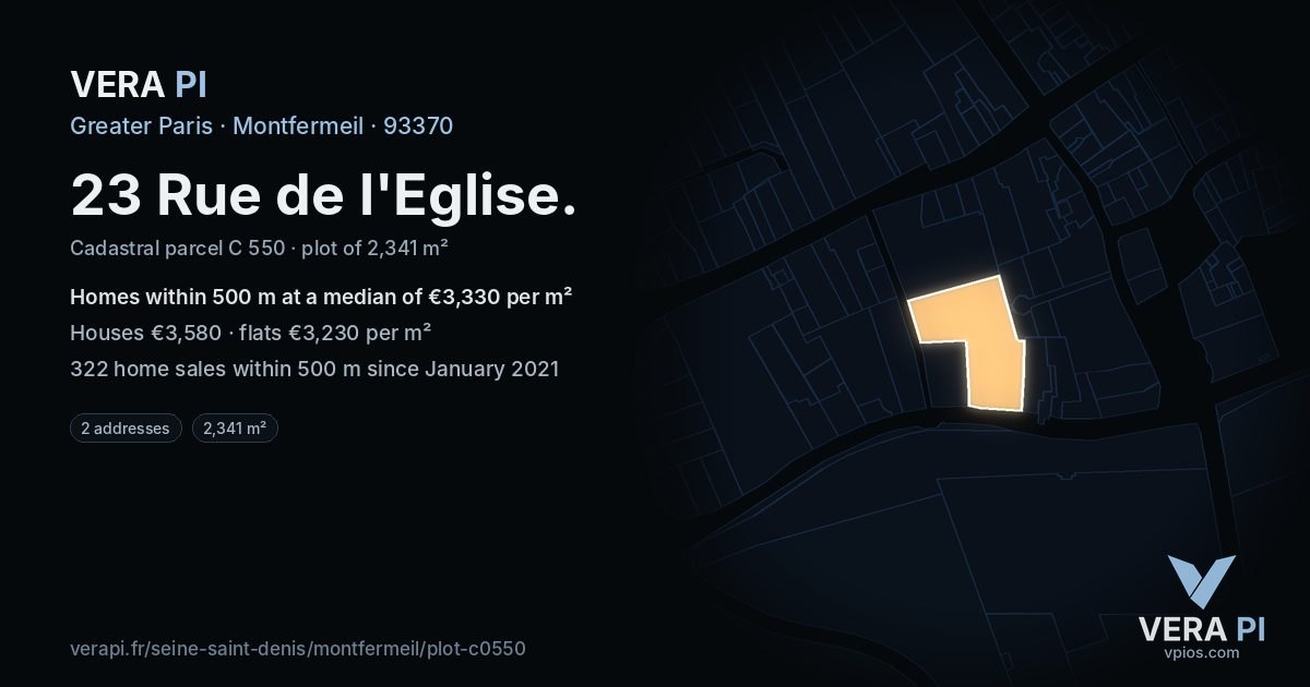 23 Rue de l'Eglise, Montfermeil at night – the plot lit, the parcels around coloured by the prices near them