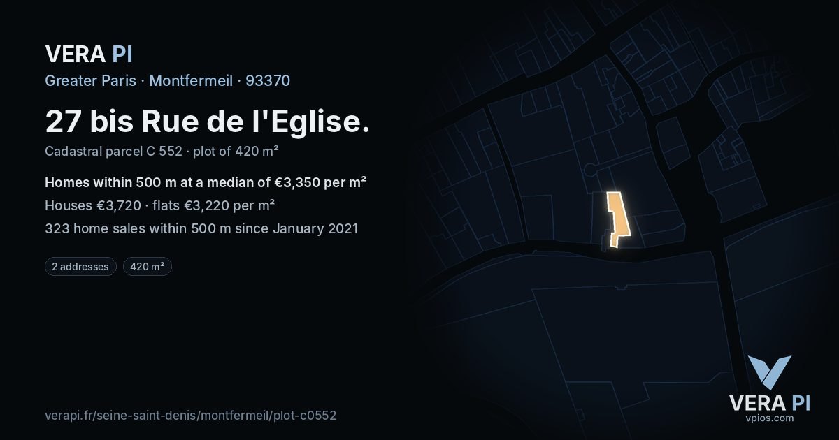 27 bis Rue de l'Eglise, Montfermeil at night – the plot lit, the parcels around coloured by the prices near them