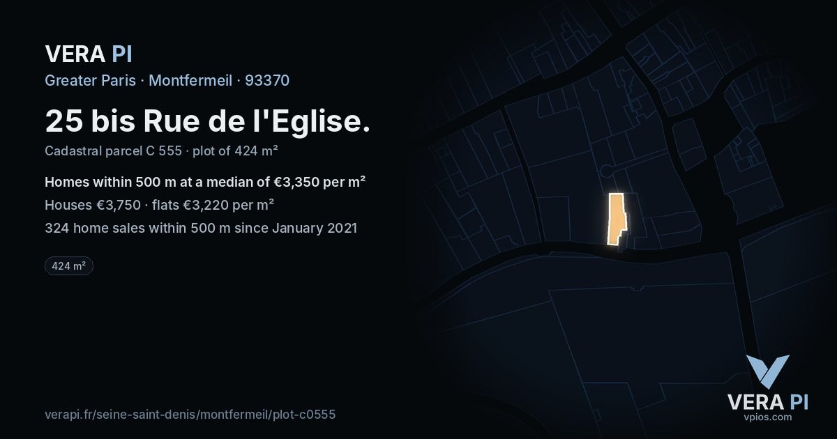 25 bis Rue de l'Eglise, Montfermeil at night – the plot lit, the parcels around coloured by the prices near them
