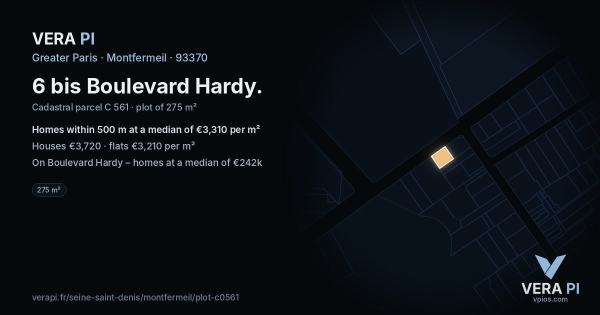 6 bis Boulevard Hardy, Montfermeil at night – the plot lit, the parcels around coloured by the prices near them