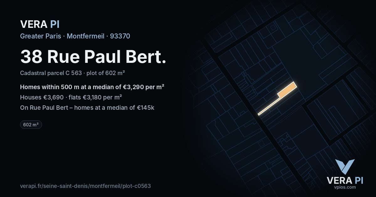 38 Rue Paul Bert, Montfermeil at night – the plot lit, the parcels around coloured by the prices near them
