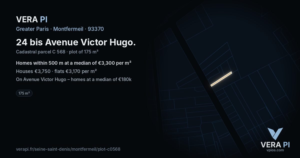 24 bis Avenue Victor Hugo, Montfermeil at night – the plot lit, the parcels around coloured by the prices near them