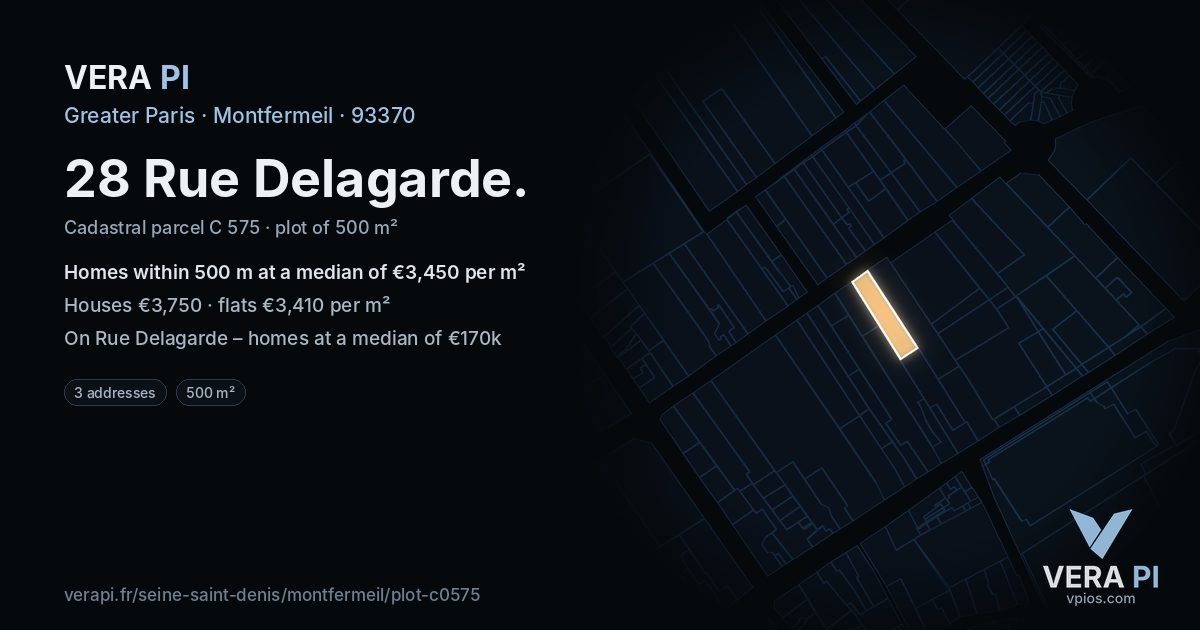 28 Rue Delagarde, Montfermeil at night – the plot lit, the parcels around coloured by the prices near them