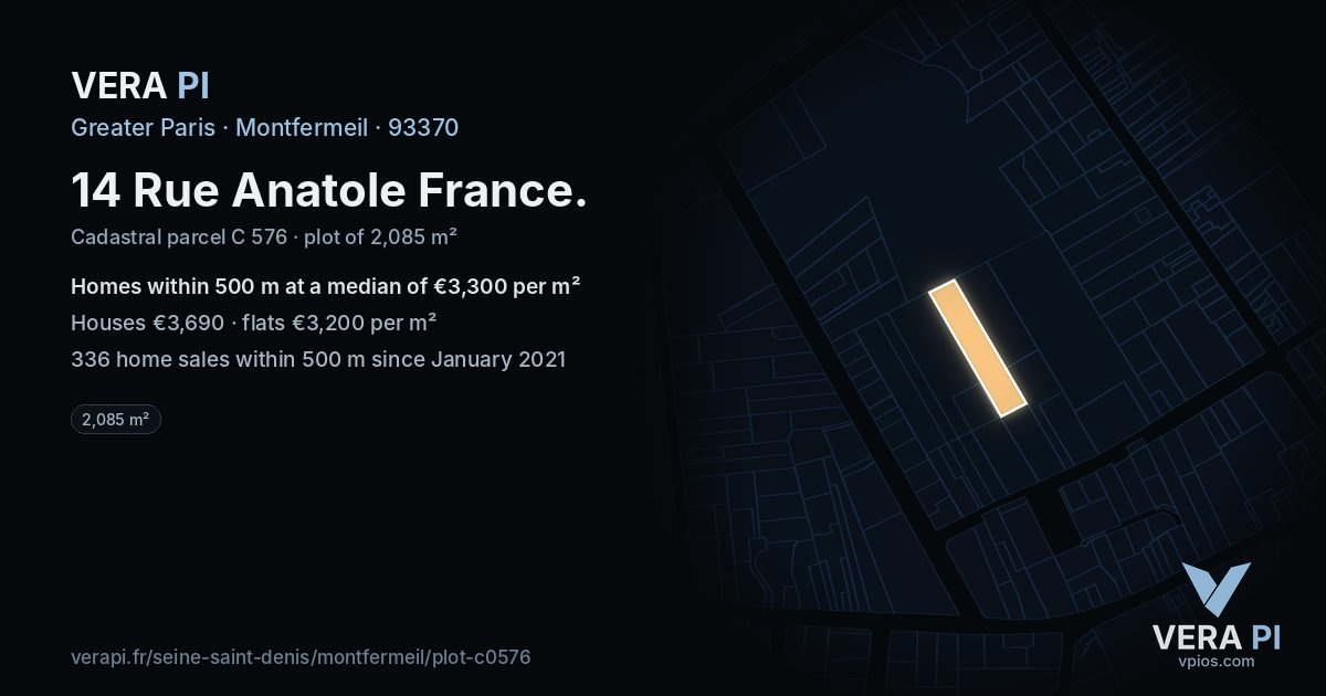 14 Rue Anatole France, Montfermeil at night – the plot lit, the parcels around coloured by the prices near them