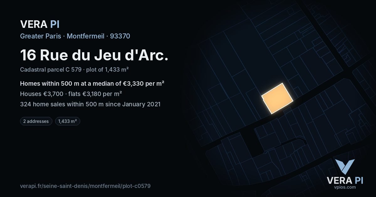 16 Rue du Jeu d'Arc, Montfermeil at night – the plot lit, the parcels around coloured by the prices near them