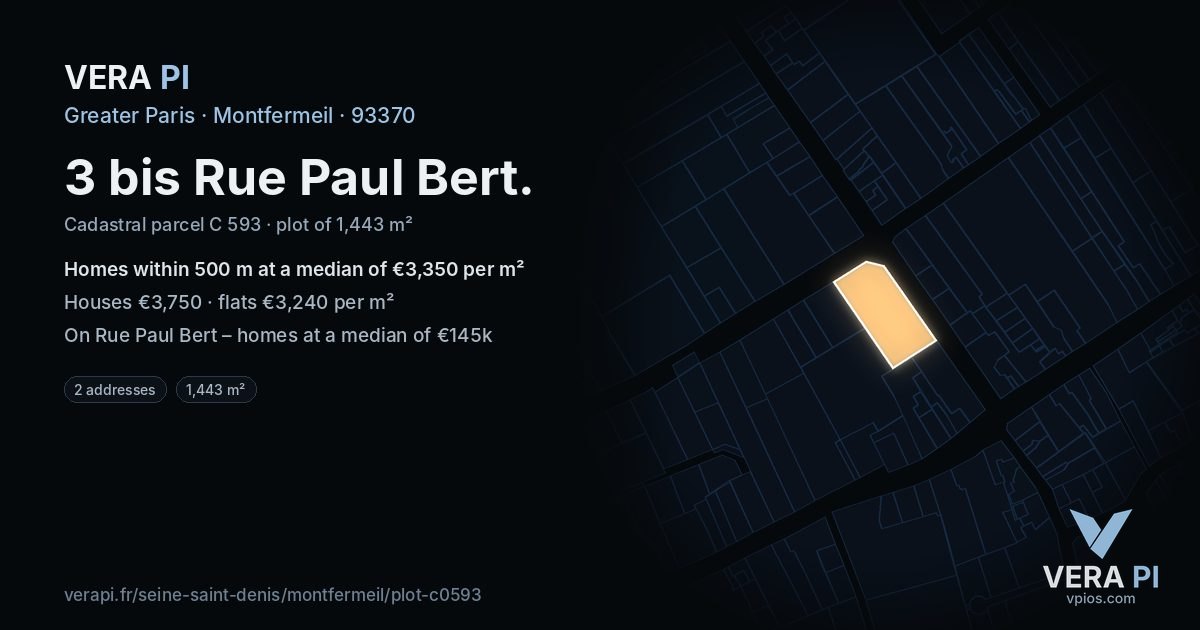 3 bis Rue Paul Bert, Montfermeil at night – the plot lit, the parcels around coloured by the prices near them
