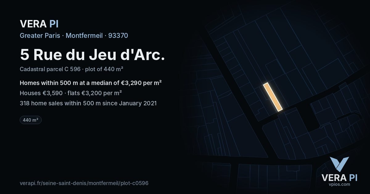 5 Rue du Jeu d'Arc, Montfermeil at night – the plot lit, the parcels around coloured by the prices near them