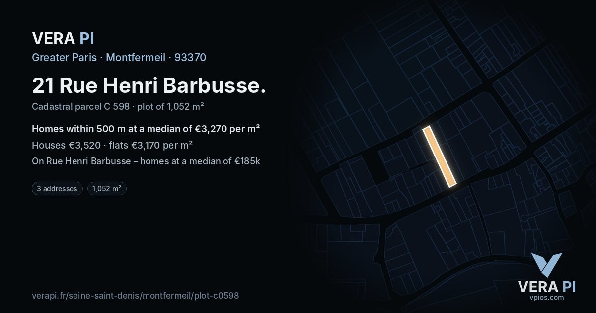 21 Rue Henri Barbusse, Montfermeil at night – the plot lit, the parcels around coloured by the prices near them